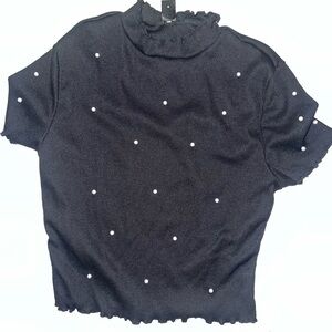 Black Ruffled Women's Top with Pearl Accents